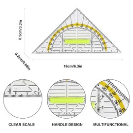 Set Square with Handle, 16 cm Set Square Made of Plastic, Transparent, Flexible for Drawing Circles, for Office, Designers, Students, Painting