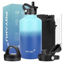Water Bottle Insulated 64 oz- Straw lid and Auto Spout lid, Leak Proof, Vacuum Insulated, Large Metal Stainless Steel Water Jug Half Gallon Wide Mouth for Sports, Gym, Keep Cold 24H Hot 12H