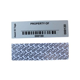TamperSeals Group - 100pcs Custom 1” x 3.35” Write-on Tamper Evident Security Asset Tag Property ID Industrial Labels (Mat Silver Metalized, Dual Barcoding Numbers, 100% Secured)
