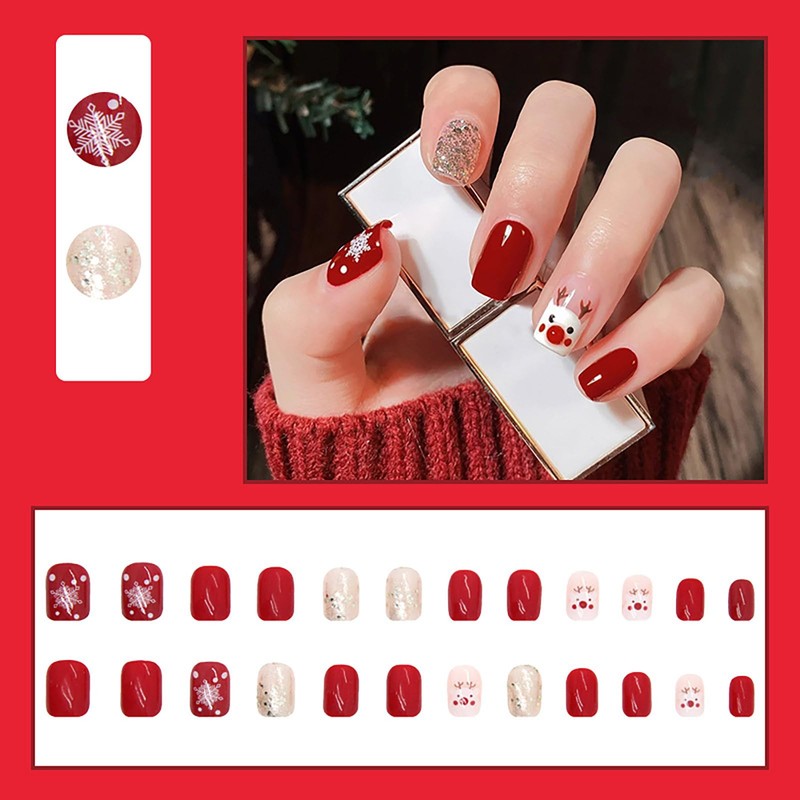 Caiguoer Pack of 24 Christmas False Nails Red Short Square