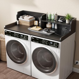 DTK Washer Dryer Countertop with Charging Station, 2 Tier Laundry Countertop with Anti-Slip Strips, 27.55" Depth x 54" Width, Wood Dryer Cover with Shelf, Black