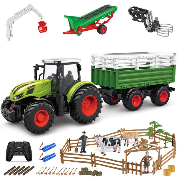 fisca Kids Tractor Toy Farm Playset Remote Control Tractor, 2.4Ghz RC Tractor with Trailer and Conveyor, 45PCS Farm Toys Set with Farm Animals Figurines Fences Farmers for Kids Age 3 4 5 6 Years Old
