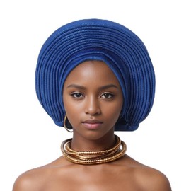 Generic Nigeria Head Ties Wedding Party Headgear Elegant African Headtie Turban Already Made Women's Auto Gele Female Head Wraps (One Size,Royal Blue)