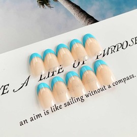 DANMANR Square Press on Nails Short Fake Nails French Acrylic Full Cover False Nails for Women and Girls 24PCS (Blue French)