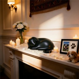 Sleeping Dog Pet Urn for Ashes, Resin Doggie Memorial Keepsake Funeral Urn, Pet Loss Sympathy Remembrance Gift for Dogs, Black Sleeping Dog Ashes Container Memory Box, 9.4 x 7 x 4 inches