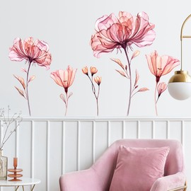 3D Dreamy Pink Flowers Wall Decals Romantic Lily Blossom Floral Wall Stickers DIY Removable Watercolor Flower Plants Peel and Stick Vinyl Decor for Kids Girls Bedroom Living Room Nursery DT-1524