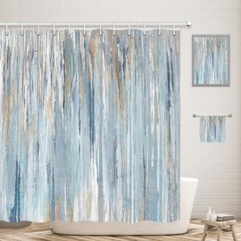 JAWO Abstract Shower Curtain Modern Shower Curtain Sets for Bathroom Gray Blue Beachy Aesthetic Stripe Contemporary Minimalist Painting Fabric Bathtub Curtains Navy Blue Tan Arabic Pattern Curtains