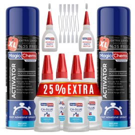 Magic Chems CA Glue with Activator (4 x 3.5 oz + 2 x 16.9 fl oz), Cyanoacrylate Glue and Activator, Super Glue withActivator, CAGlue and Accelerator (2 Pack)