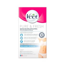 Veet Pure & Fresh, Bandas de Cera Depilatoria, Axilas y Bikini, Piel Sensible, 16 piezas