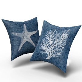 Starfish Pillow Covers Coastal Coral Nautical Blue Seas Throw Pillow 18X18 Inch Home Decor for Bedroom Living Room Sofa Linen Decorative Pillowscase Square Cushion Cover