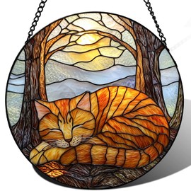Zizzie Stained Glass Cat Suncatcher - 7.9" Real Glass Sleeping Orange Tabby Window Hanging, Weatherproof Pet Memorial Decor, Rainbow Bridge Sympathy Gift for Cat Lovers Women Mom