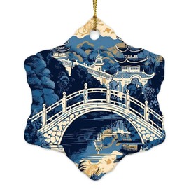 Christmas Ornaments 2024 Chinoiserie Asian Pagoda' White Blue Porcelain Hanging Ornaments Indigo Flower Christmas Bauble Present Collectible Gift for Xmas Tree Decoration Ceramic Circle 3" White