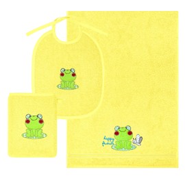 Lashuma Girls and Boys Gift Set Yellow 1 x Bib - Wash Cloth - Hand Towel, Stick: Frog