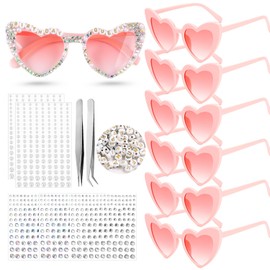 6 Pairs Pink Heart Sunglasses Heart Glasses, Creative Decoration Combo Sunglasses Heart Diamond Bead Sticker Alphabet Beads DIY Suitable for Bride to be Bridal Accessories Bachelorette Party