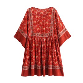 R.Vivimos Women's Summer Cotton Half Sleeve Casual Loose Bohemian Floral Tunic Dresses (XS, Red)