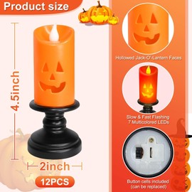 12 PCS Halloween Flameless Candles Halloween Decorations Indoor Orange Jack-O-Lantern Candles Halloween Lights Battery Operated Flickering LED Color Changing Candles for Home Table Party Favors Gifts
