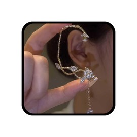 Allereya Vintage Flower Climber Cuff Earrings Rose Floral Earrings Gold Flower Ear Cuff Earrings Long Crystal Ear Crawler Earrings Cz Floral Ear Wrap Earring Jewelry For Women(Gold Right)