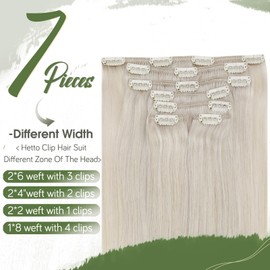 Hetto 20 Inch Human Hair Clip in Hair Extensions Blonde Human Hair Clip on Hair Extensions Real Clip in Extensions White Blonde #60 Straight Silky 120g 7pcs