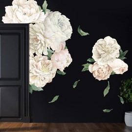 Romantic White Peony Wall Decals, Large Flower Vinyl Wall Art for Nursery & Wedding Decor, Botanical Stickers for Bedroom, Blush Floral Decal