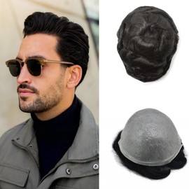 Toupee for Men Ultra Thin Skin Mens Hair System Soft Human Hair piece 0.04mm Invisible Mens Toupee All V-loop Skin PU Men Hair Unit Mens Hair Replacement8X10"-100% density#1B Off Black