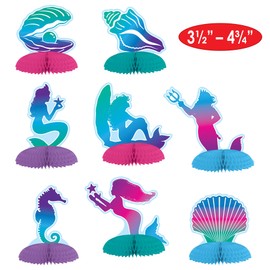 Beistle Mermaid Mini Table Centerpieces 16 Piece Under The Sea Decorations Luau Party Supplies Birthday Tableware, 3.5" - 4.75", Blue/Purple/Pink/Green