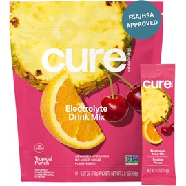 Cure Hydration | Plant-Based Electrolyte Drink Mix | No Added Sugar | FSA-HSA | Dehydration Relief Powder Made with Coconut Water | Non-GMO | Vegan | Pouch of 14 Packets - Tropical Punch
