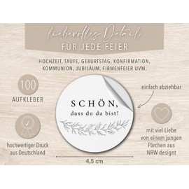 100 Stickers Schön dass du da bist – Sticker schön dass du da bist for guest gift, wedding, wedding sticker, round, 4.5 cm, vintage, wedding sticker, classic
