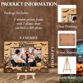 Fbitey Halloween Picture Frame, 4×6 Pumpkin Wooden Photo Frame for Home Decor Tabletop Display, Spooky Haunted House Gifts for Family Friends - A05