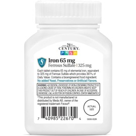 21st Century Iron 65 mg Ferrous Sulfate 325 mg Tablets, 120 Count
