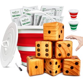 SWOOC SWOOC Games - Yardzee, Farkle & 20+ Games - Classic Red Shaker Edition (All Weather) - Yard Dice Game Set with Red Collapsible Bucket, Lid, 5 Big Laminated Score Cards & Marker - Outdoor Yard Games