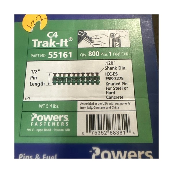 POWERS 55161 1/2 Inch TRAK-IT PIN 800 PINS .120 DIA.