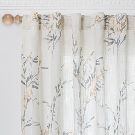 MYSKY HOME Living Room Curtains 95 Inch Length Semi Sheer Curtains Linen Look Floral Farmhouse Curtains Light Filtering French Country Window Curtain Panels for Dining Room, Yellow, 2 Pcs