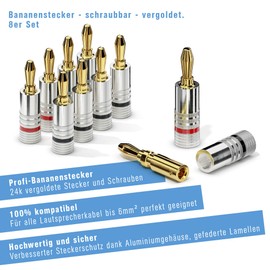 sonero Bananenstecker 8er-Set, für alle Lautsprecherkabel mit einem Durchmesser bis max. 6mm², 8 Stück mit Farbcodierung (4x rot, 4x schwarz), 24k vergoldet