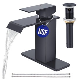 CREA Black Waterfall Bathroom Faucet 1 Hole,Matte Black Bathroom Faucet Single Handle Bathroom Sink Faucet with Pop Up Drain Stopper/ 3 Hole Plate,Stainless Steel RV Vanity Faucet Basin Mixer Tap