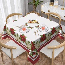 AGAYNA Christmas Tablecloth Square 60x60 Inch Red White Poinsettia Floral Table Cloth,Stain Resistance Winter Flower Xmas Table Covers for Kitchen Dining,Small Tablecloth for Party Picnic