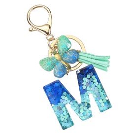 SUIKIHUM Initial Letter Keychains, (1.46"x1.65" Mini Letter Butterfly KeyChain) Resin Tassel Pendant Cute Car Keychain for Wallet Handbags Backpack, Blue (M)