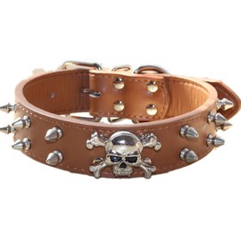 haoyueer Spiked Leather Dog Collar - 2 Rows Bullet Rivets Studded PU Leather - Cool Skull Pet Accessories for Medium and Large Dogs(Brown,M)