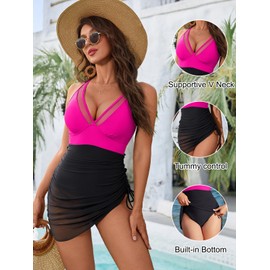 Blooming Jelly Women One Piece Swim Dress Tummy Control Swimsuits Slimming Sarong Wraps Bathing Suit (M, Pink/Black)