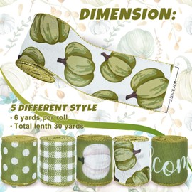 Whaline Fall Green Pumpkin Wired Edge Ribbon 30 Yards Farmhouse Rustic Autumn Thanksgiving Harvest Fabric Ribbon Welcome Plaids Polka Dots Craft Ribbon for Wreath Floral Bow DIY Crafts, 5 Roll