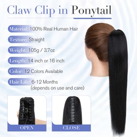 TESSHAIR 14 Inch Claw Clip In Ponytail Extension Human Hair, Pony Tail Hair Extensions 100% Real Human Hair for Women, 105g Hair Pieces Can be Washed Curled Dyed #01 Dark Black