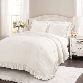 TRP 3 Piece Farmhouse Comforter Set King, French Country Shabby Chic Border Ruffled Solid Color White Bedding Plush Soft Cozy Comfy Microfiber