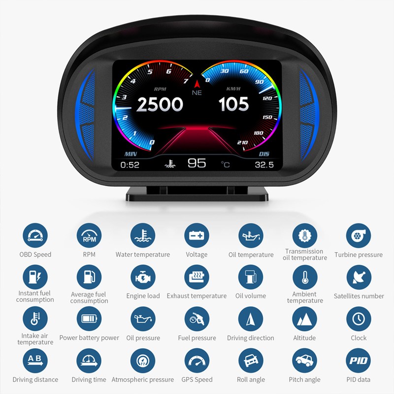 Car HUD Display OBD2 GPS Mode with Inclinometer Compass Speed