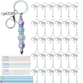 LEIOSAGN 90 Pcs Silver Beadable Keychain Kit for Pendant DIY with 30 Pcs Blank Beadable Keychain Bars 30 Pcs Thank You Cards 30 Pcs Resealable Pouch Bags Key chain Making Supplies for DIY Crafts