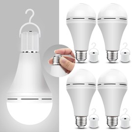 Neporal 4 Pack Emergency-Rechargeable-Light-Bulb, Stay Lights Up When Power Failure, 1200mAh 15W 80W Equivalent LED Light Bulbs for Home, Camping, Tent (E27, with Hook) (Daylight)