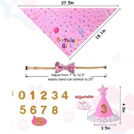 Dog Birthday Bandana Set, Dog Cat Birthday Party Supplies Boy Girl Birthday Party Hat Bow Tie Collar Set with Number for Large Medium Small Pet (Pink)