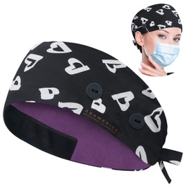 ABAMERICA Working Caps with Button and Sweatband, Adjustable Working Hats for Women Men, One Size(Tie Back or Toggle), 1 Pack: Satin Lined P Tie Back- B35- Heart With Blk, 1