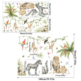 Wall Sticker Safari Animals Wall Stickers, 2 Pieces Wild Animal Wall Stickers, Jungle Animals Vines Wall Sticker Giraffe Lion Zebra Safari Leaves Wall Sticker for Baby Room Bedroom Wall Decoration