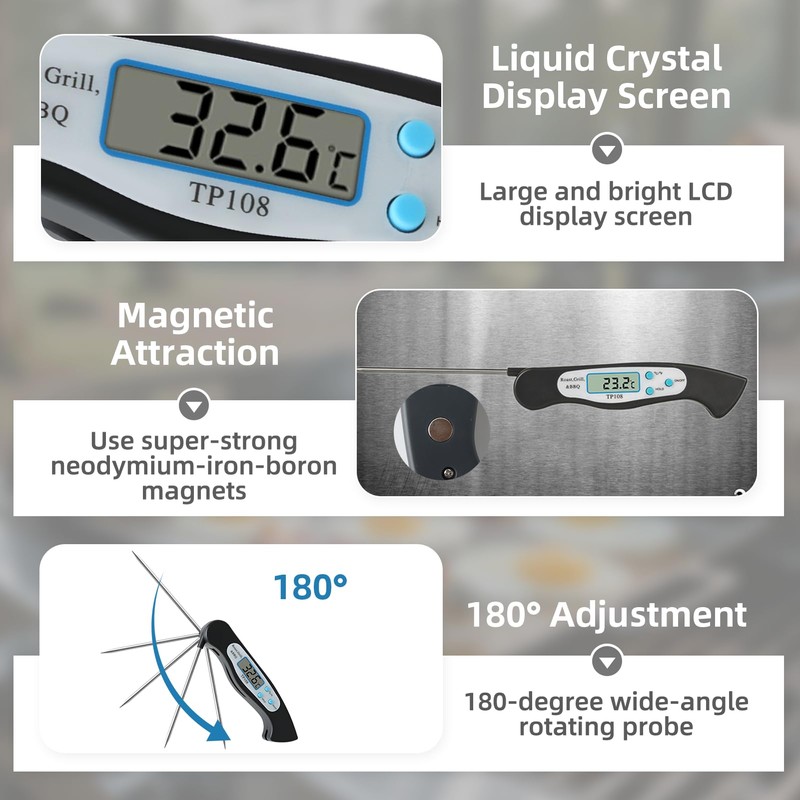 Digital Meat Thermometer with Foldable Meat Thermometer Probe, Instant Read
