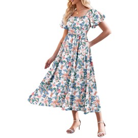 Linsery Women Summer Casual Short Puff Sleeve Square Neck Cottagecore Flowy Maxi Beach Long Milkmaid Dress Green