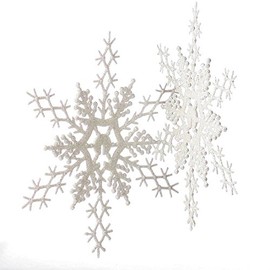Package of 12 Plastic 11 Inch Iridescent White Glitter Covered Snowflake Ornaments for Winter Weddings, Tree Trim, and Decorating